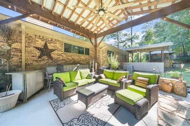 view of patio featuring ceiling fan and an outdoor hangout area