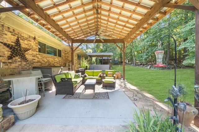 view of patio / terrace featuring an outdoor hangout area, a pergola, and ceiling fan