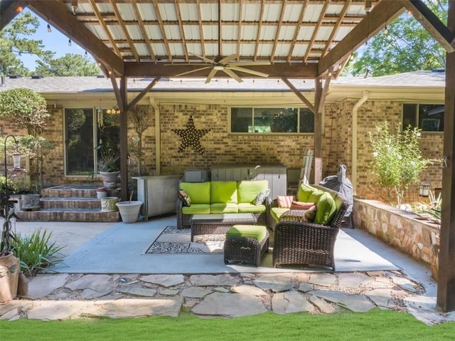 view of patio / terrace with a pergola, ceiling fan, and outdoor lounge area