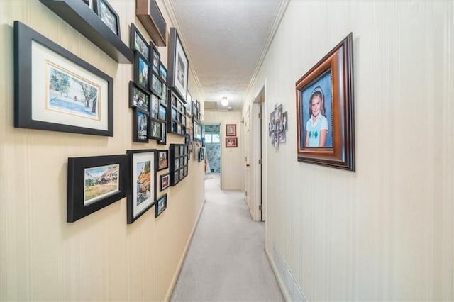 hall featuring light carpet, a textured ceiling, and ornamental molding