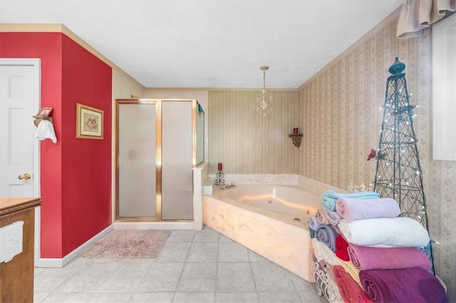 bathroom with crown molding, an inviting chandelier, plus walk in shower, and tile patterned floors