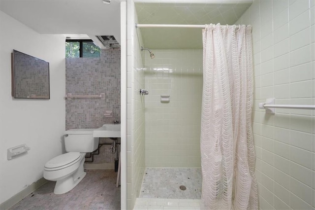 bathroom with walk in shower, toilet, and tile patterned floors