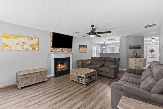 220 Brookstone Trl, Braselton, GA 30517 - living room featuring wood finished floors, a ceiling fan, a textured ceiling, a fireplace with flush hearth, and track lighting