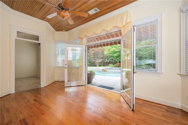 1006 Arbor Trce NE, Atlanta, GA 30319 - doorway to outside with ornamental molding, a ceiling fan, wood ceiling, and wood finished floors