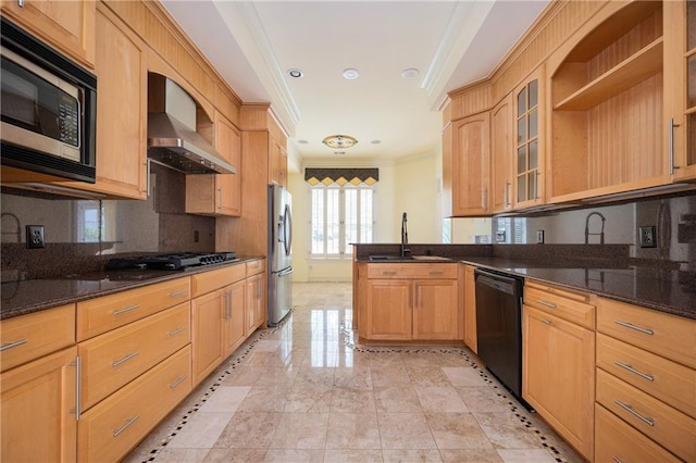 1006 Arbor Trce NE, Atlanta, GA 30319 - kitchen featuring appliances with stainless steel finishes, ornamental molding, wall chimney range hood, backsplash, and a peninsula