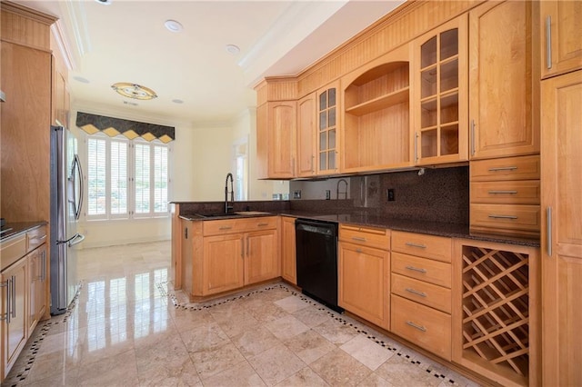 1006 Arbor Trce NE, Atlanta, GA 30319 - kitchen with dishwasher, freestanding refrigerator, crown molding, a peninsula, and light brown cabinetry