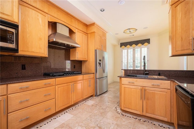 1006 Arbor Trce NE, Atlanta, GA 30319 - kitchen with wall chimney exhaust hood, stainless steel appliances, ornamental molding, tasteful backsplash, and dark stone countertops