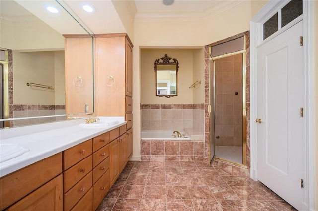 1006 Arbor Trce NE, Atlanta, GA 30319 - full bath with ornamental molding, a garden tub, a shower stall, and double vanity