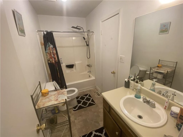 full bathroom with vanity, shower / bath combination with curtain, and toilet