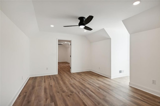 bonus room with wood-type flooring, ceiling fan, and lofted ceiling