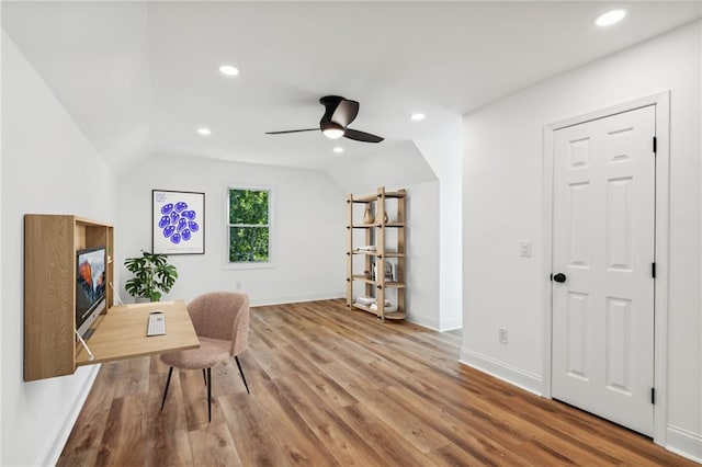 office with wood-type flooring, ceiling fan, and lofted ceiling