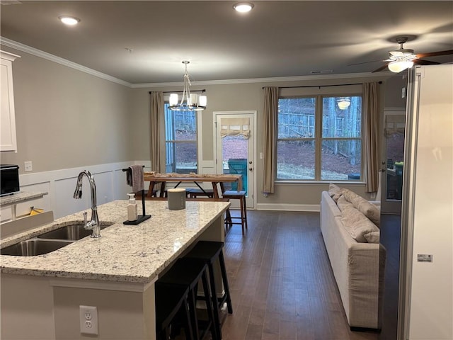 kitchen with ornamental molding, a sink, white cabinetry, wainscoting, and dark wood-style flooring