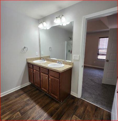 bathroom with vanity and hardwood / wood-style floors