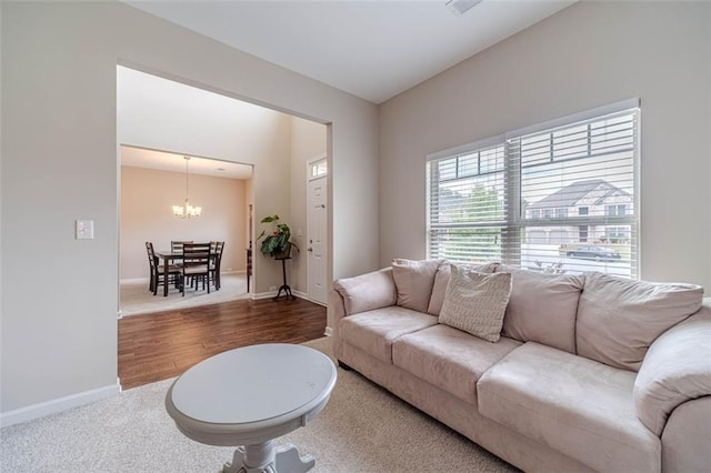 carpeted living area featuring a chandelier and wood finished floors