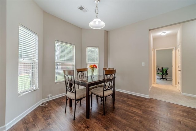 dining space featuring dark wood-type flooring