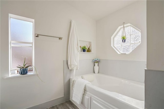 bathroom with a bathtub and hardwood / wood-style flooring