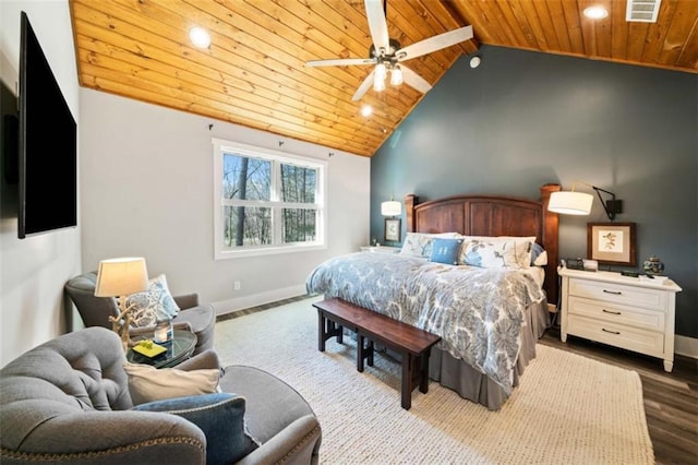 bedroom with lofted ceiling, wooden ceiling, wood finished floors, visible vents, and baseboards