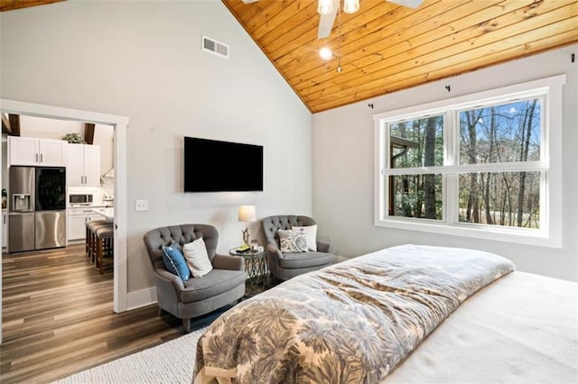 bedroom with dark wood finished floors, stainless steel refrigerator with ice dispenser, visible vents, high vaulted ceiling, and wooden ceiling