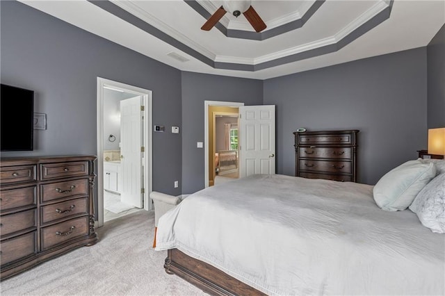 310 Arbor Creek Trl, Roswell, GA 30076 - bedroom with light carpet, ensuite bath, a tray ceiling, ornamental molding, and ceiling fan