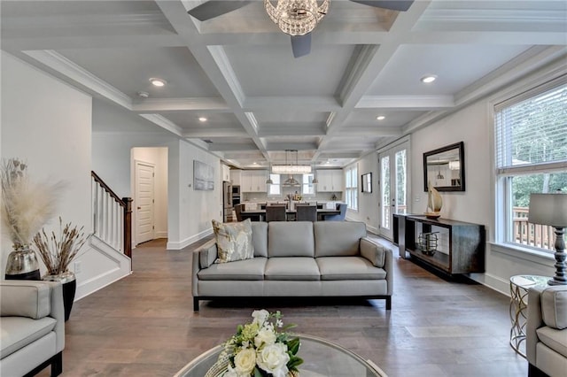8305 Beryl Overlook, Gainesville, GA 30506 - living room featuring stairs, dark wood finished floors, beamed ceiling, coffered ceiling, and baseboards