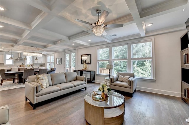 8305 Beryl Overlook, Gainesville, GA 30506 - living room featuring baseboards, coffered ceiling, wood finished floors, beamed ceiling, and ceiling fan