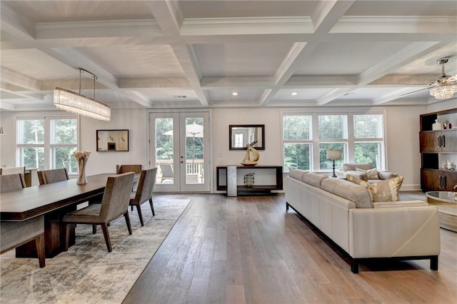 8305 Beryl Overlook, Gainesville, GA 30506 - dining space with beam ceiling, hardwood / wood-style flooring, coffered ceiling, french doors, and recessed lighting
