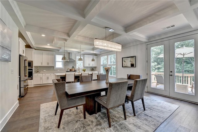 8305 Beryl Overlook, Gainesville, GA 30506 - dining room featuring plenty of natural light, wood finished floors, coffered ceiling, beamed ceiling, and french doors