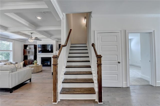 8305 Beryl Overlook, Gainesville, GA 30506 - stairs with ornamental molding, ceiling fan, beam ceiling, a fireplace, and coffered ceiling