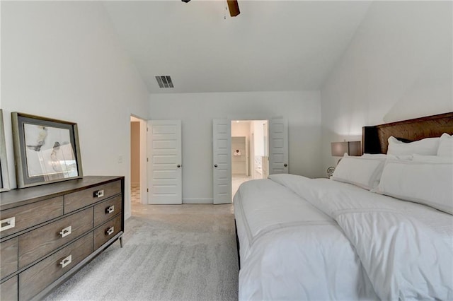 8305 Beryl Overlook, Gainesville, GA 30506 - bedroom with vaulted ceiling, light colored carpet, ensuite bath, and ceiling fan