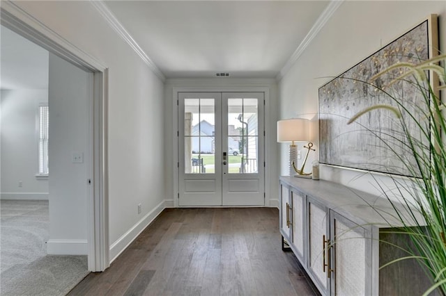 8305 Beryl Overlook, Gainesville, GA 30506 - foyer with french doors, crown molding, baseboards, and dark wood-style floors