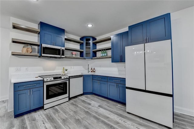 8305 Beryl Overlook, Gainesville, GA 30506 - kitchen featuring open shelves, appliances with stainless steel finishes, blue cabinets, light wood-style flooring, and a sink