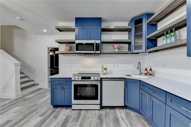 8305 Beryl Overlook, Gainesville, GA 30506 - kitchen with open shelves, stainless steel appliances, a sink, blue cabinetry, and light countertops