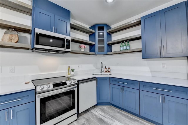 8305 Beryl Overlook, Gainesville, GA 30506 - kitchen featuring open shelves, appliances with stainless steel finishes, a sink, blue cabinetry, and light wood-type flooring