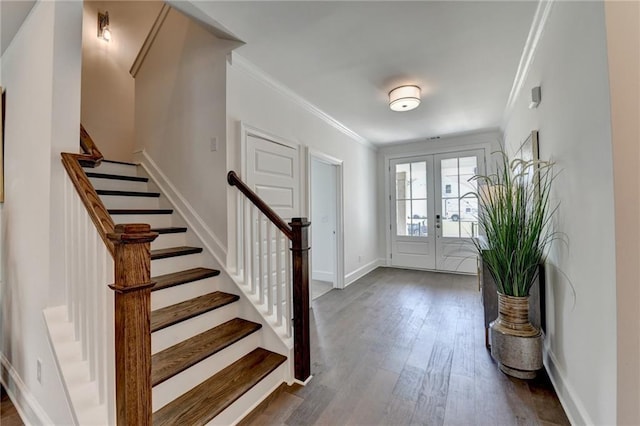 8305 Beryl Overlook, Gainesville, GA 30506 - entryway with crown molding, dark wood finished floors, stairway, baseboards, and french doors