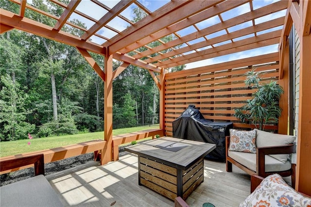 8305 Beryl Overlook, Gainesville, GA 30506 - deck featuring a wooded view, a lawn, an outdoor hangout area, and a pergola