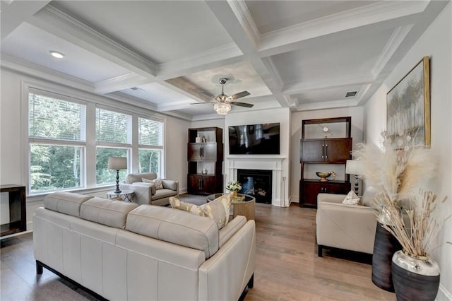 8305 Beryl Overlook, Gainesville, GA 30506 - living room with beam ceiling, wood finished floors, a ceiling fan, a glass covered fireplace, and ornamental molding