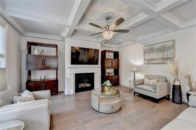 8305 Beryl Overlook, Gainesville, GA 30506 - living room featuring coffered ceiling, ceiling fan, wood finished floors, baseboards, and beamed ceiling