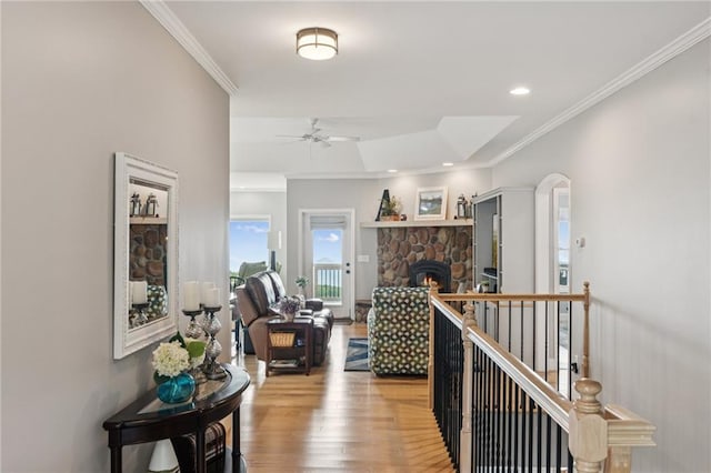 1832 Monument Rd, Jasper, GA 30143 - hallway with light wood-style flooring, ornamental molding, recessed lighting, and a raised ceiling
