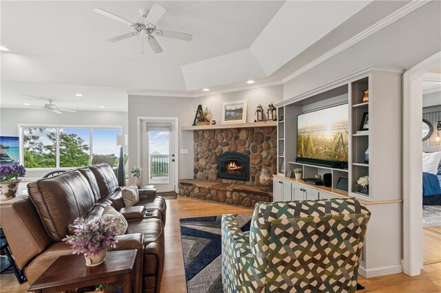 1832 Monument Rd, Jasper, GA 30143 - living area with a ceiling fan, light wood-style flooring, a stone fireplace, recessed lighting, and crown molding