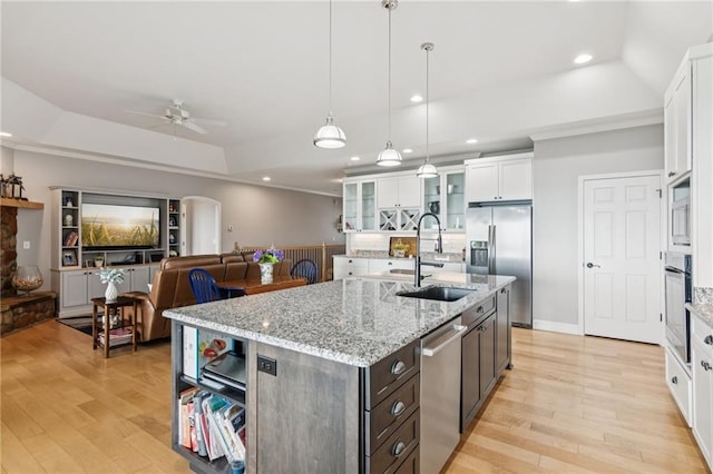 1832 Monument Rd, Jasper, GA 30143 - kitchen featuring appliances with stainless steel finishes, ceiling fan, white cabinetry, light wood-style floors, and recessed lighting