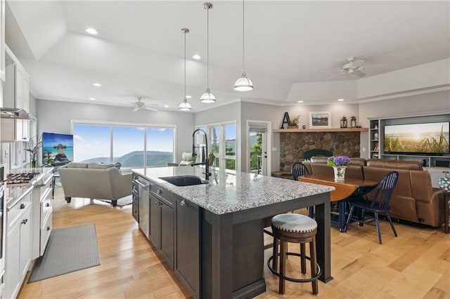 1832 Monument Rd, Jasper, GA 30143 - kitchen featuring open floor plan, ceiling fan, a raised ceiling, and recessed lighting