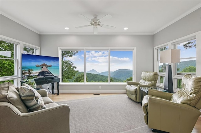 1832 Monument Rd, Jasper, GA 30143 - living area featuring recessed lighting, ceiling fan, crown molding, wood finished floors, and a mountain view