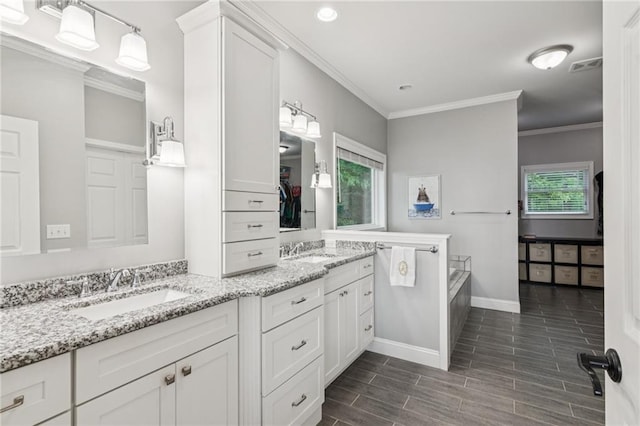 1832 Monument Rd, Jasper, GA 30143 - bathroom with double vanity, a garden tub, crown molding, wood tiled floors, and recessed lighting