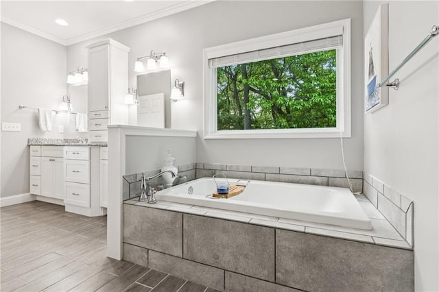 1832 Monument Rd, Jasper, GA 30143 - full bathroom with vanity, a bath, crown molding, wood finished floors, and recessed lighting
