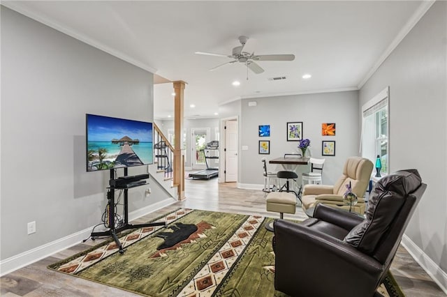 1832 Monument Rd, Jasper, GA 30143 - living room featuring ornate columns, stairway, recessed lighting, wood finished floors, and ornamental molding