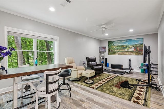 1832 Monument Rd, Jasper, GA 30143 - living room featuring wood finished floors, ornamental molding, ceiling fan, and recessed lighting