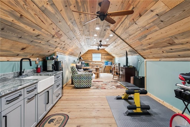 1832 Monument Rd, Jasper, GA 30143 - rec room featuring wooden ceiling, lofted ceiling, light wood-style flooring, ceiling fan, and wooden walls