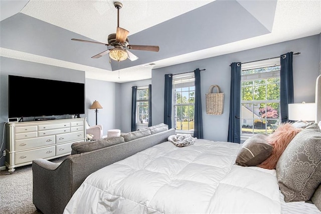 10 Callaway Ct, Hiram, GA 30141 - bedroom featuring a raised ceiling, carpet floors, a textured ceiling, a ceiling fan, and visible vents