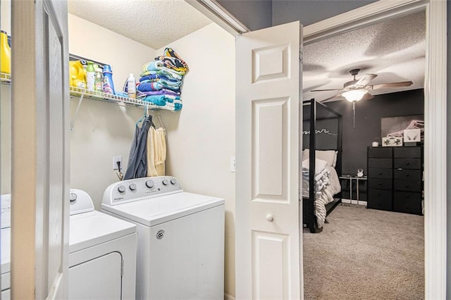 10 Callaway Ct, Hiram, GA 30141 - clothes washing area featuring ceiling fan, laundry area, a textured ceiling, washing machine and clothes dryer, and carpet flooring