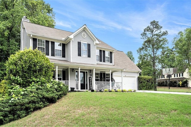10 Callaway Ct, Hiram, GA 30141 - traditional-style house with an attached garage, a front yard, a chimney, covered porch, and driveway